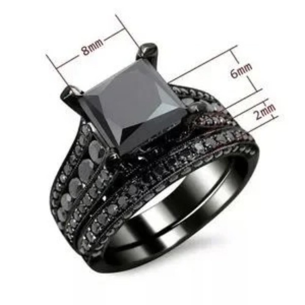 Fancy Black Princess Cut Bridal Sets in Black Sterling Silver - Picture 6 of 6